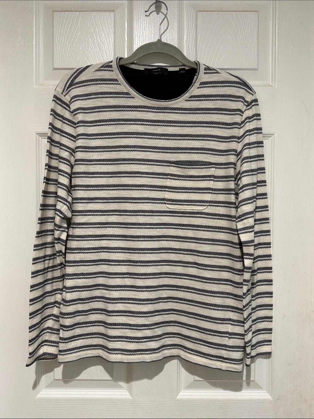 Vince Cream & Navy Striped Long Sleeve Pocket Tee